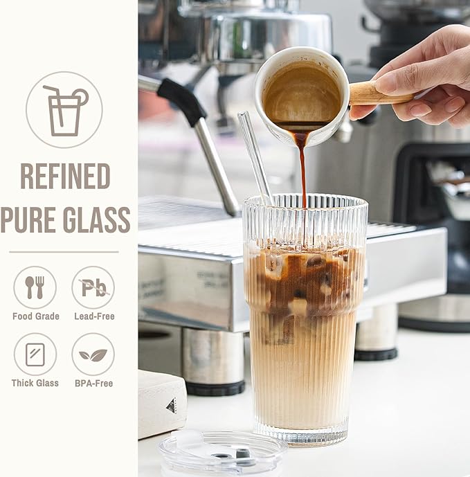 SoulTimes 20oz Glass Cups with Lids and Straws, Ribbed Glass Tumbler for Iced Coffee, Smoothie, Juice & Cold Drinks, Reusable Thick Glassware Set, Elegant Home & Travel Drinkware【4 Pack】