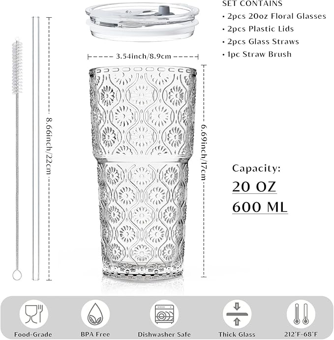 INSETLAN 20oz Begonia Flower Glass Tumbler Set of 2 – Thickened Glass Cups with Lids and Glass Straws for Iced Coffee, Smoothies, Milk, Water, and More – Elegant& Durable Drinkware