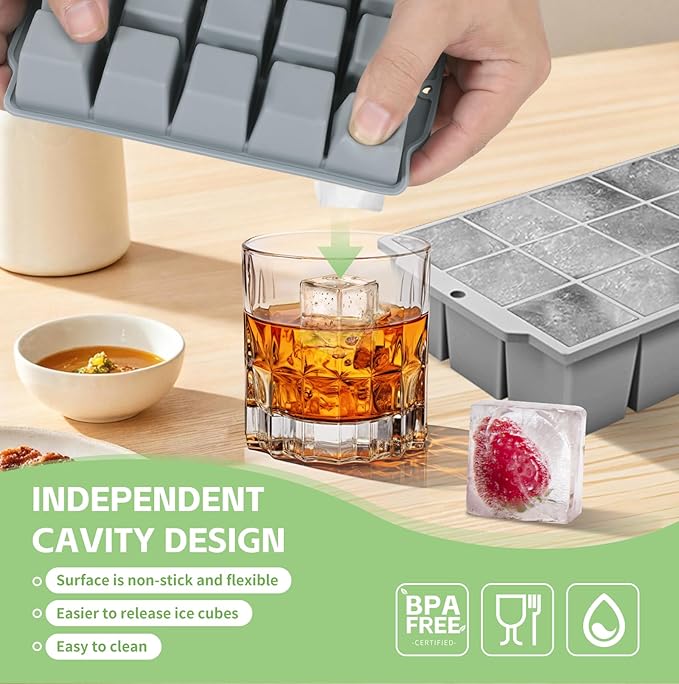 Silicone Ice Cube Tray with Locks Lids, Easy Release Flexible 15 Square Ice Trays for Freezer, Stackable & Reusable Ice Cube Mold for Whiskey, Cocktails, Baby Food, BPA Free, 2 Pack (Gray)
