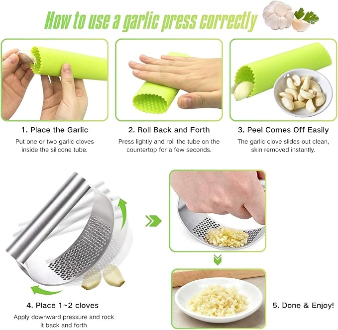 Stainless Steel Garlic Press Rocker with Bottle Opener, 304 Heavy Duty Garlic Mincer & Crusher Tool with Peeler and Cleaning Brush, Easy-Clean Garlic Chopper Kitchen Gadget