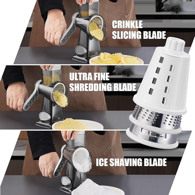 KEOUKE Rotary Cheese Grater Pro 6 in 1 - Shredder Crinkle Slicer Grinder Ice Shaver, Stable Suction, Time-saving Easy Use & Clean, Safe Morden Kitchen Tool for Cheese, Vegetable, Nuts, Chocolate