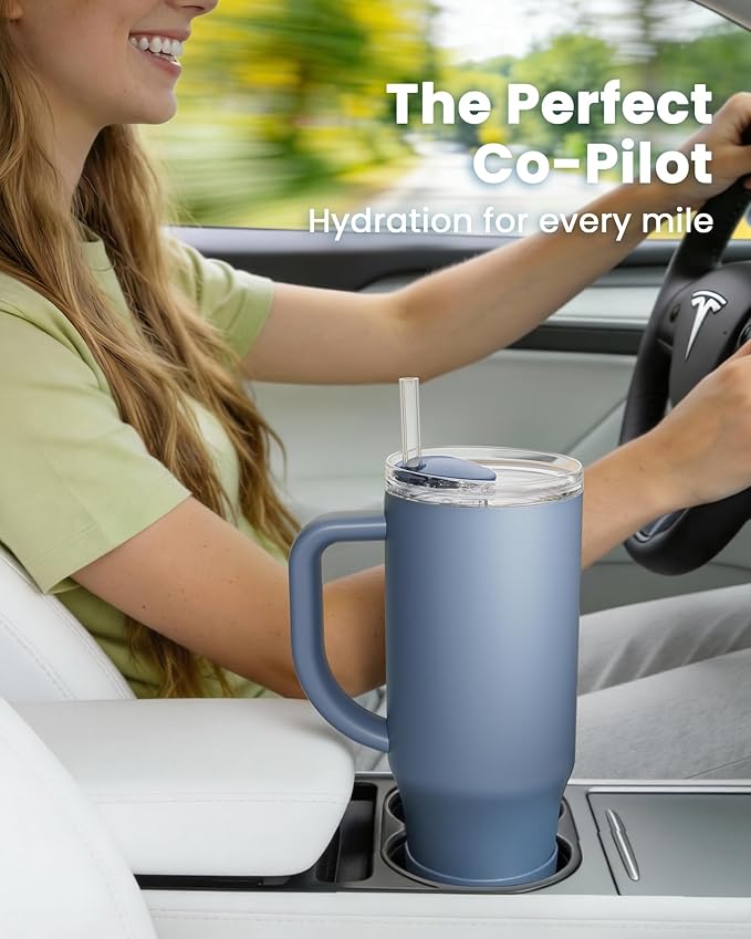Renoj Insulated Mug 100% Spill Resistant Insulated Water Bottle for Iced Coffee & Hot Drinks - Fits Car Cup Holder, Ideal Gift, 2 Straws & Silicone Boot - FlexSlide Navy Blue 32 oz