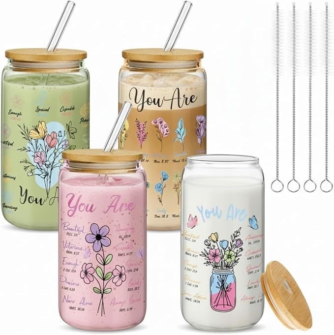 Mumufy 4 Pack Christian Inspiration Flower Glass Cup with Bamboo Lid and Straw Tumbler Iced Coffee Mugs 16 oz Glass, Mothers Day Birthday Women Religious Gift for Mom Sister Bridesmaid Baby Shower
