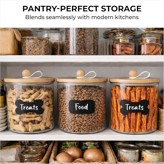 3 Acrylic Airtight Dog Treat Container , Dog Treat Jar Each Holds 4.4 QT / 17.5 Cups Kibbles Food Storage With Lid +24 Labels for Kitchen Counter Pet Cookie Jars With Lid Air Tight Cat Treats Canister