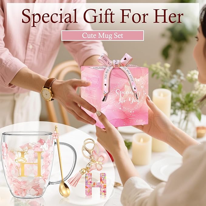 Personalized Gifts for Women Flower Glass Coffee Mug Initial Tea cup Monogrammed Customized Bridesmaid Bride Wedding Gifts Graduation Gifts Valentine Mother's Day Birthday Christmas Gift (H)