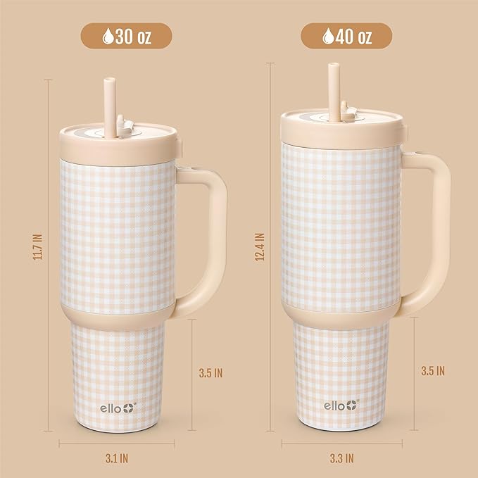 Ello Oasis 40oz Stainless Steel Water Bottle - Beige Gingham