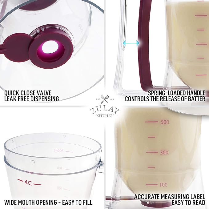 Zulay Kitchen 4 Cup Pancake Batter Dispenser With Squeeze Handle - Pancake Dispenser For Batter With Measuring Label - Pancake Batter Mixer Dispenser Bottle For Cupcakes, Crepes, Waffles & More