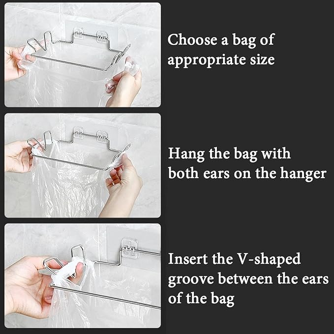 Stainless Steel Trash Bag Holder, Hanging Trash Can Rack for Cabinets/Door/Cupboards/Wall, Plastic Bag Holder with 3Pcs Adhesive Wall Sticker, Kitchen Under Sink Dishcloth Rack