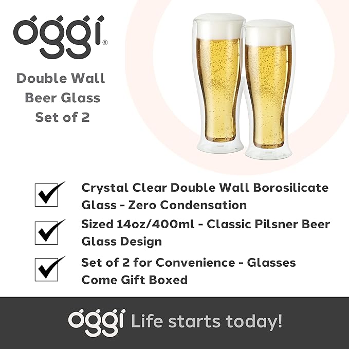 Oggi Beer Double Wall Insulated Glass Mug, Ideal for IPA ale lager stout pilsner, Beer Stays Cool Longer Even Outdoors, Visually Stunning, 14oz / 400ml, Set of 2