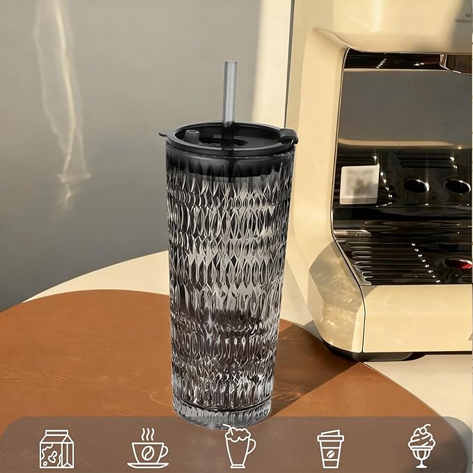 Puraville 2 Pack 18oz Glass Cups with Lids and Straws, Vintage Diamond Pattern Thickened Glassware for Whiskey Cocktail Beer, Mason Jar Drinking Glasses Tumbler Iced Coffee Cup, Black