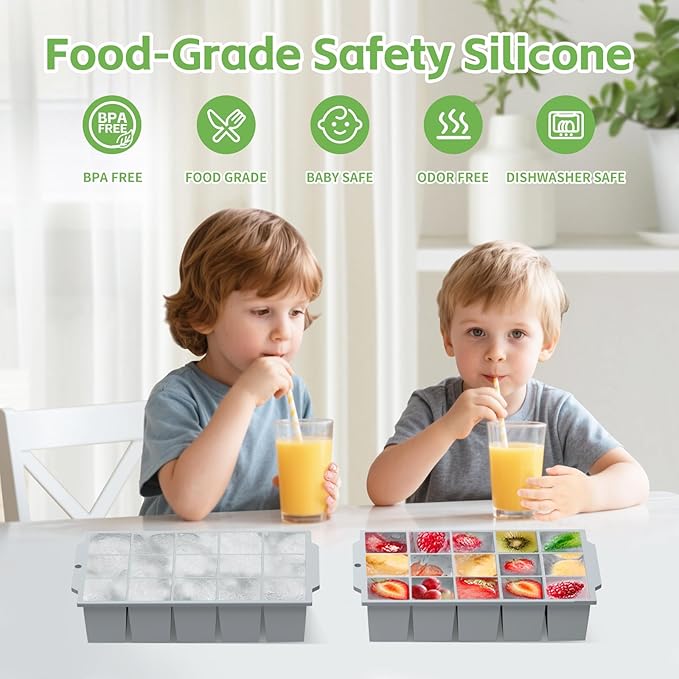 Silicone Ice Cube Tray with Locks Lids, Easy Release Flexible 15 Square Ice Trays for Freezer, Stackable & Reusable Ice Cube Mold for Whiskey, Cocktails, Baby Food, BPA Free, 2 Pack (Gray)