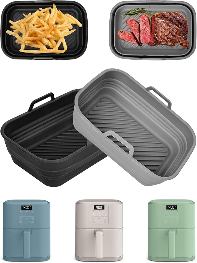 Air Fryer Silicone Liners Collapsible 2-Pack for bella 6Qt(5lb) Slim Air Fryer, Reusable Airfryer Silicone Pot Baking Basket Insert Accessories, Non Stick, Easy Cleaning, Gray+Black