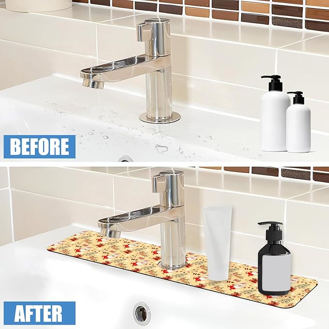 Chrismas Sink Splash Guard Faucet Mat Cute Christmas Absorbent Fast Drying Mat Sink Gadgets Splash Guard Behind Faucet Drip Catcher for Kitchen Bathroom 23.5"X5.5"