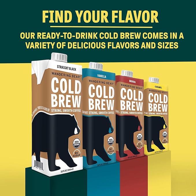 Wandering Bear Extra Strong Organic Cold Brew Coffee, Straight Black, 32 fl oz, 1 pack - Smooth, Organic, Unsweetened, Shelf-Stable, and Ready to Drink & Vegan Cold Brew.