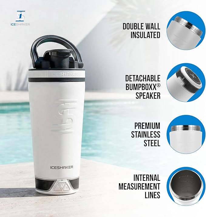 Ice Shaker X Bumpboxx Stainless Steel Shaker Bottle, White, Protein Shaker Bottle with Twist-on Bumpboxx Bluetooth Speaker, Leak-Proof Water Bottle Keeps Drinks Ice-Cold for Hours