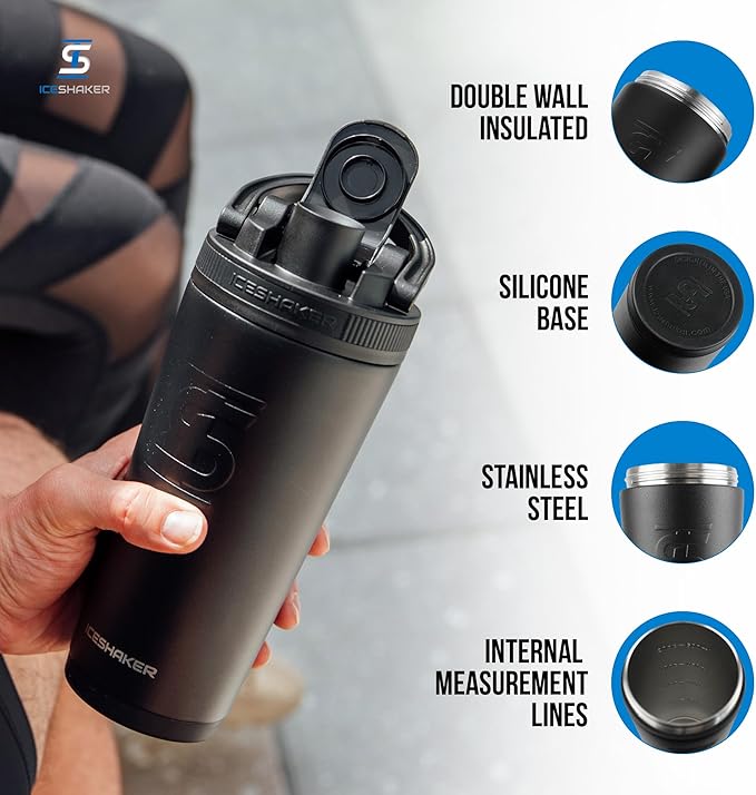 Ice Shaker Insulated Stainless Steel Shaker Bottle | 26oz, Black | Cold for 30+ Hours | Insulated Cup with Twist-on Agitator | Odor-Free Bottle for Protein Shakes, Water, Smoothies, Cocktails