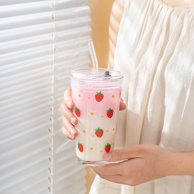 Olvini 15oz Glass Tumbler with Glass Straw and Lid, Cute Iced Coffee Cups, Aesthetic Glass Cups, Coffee Tumbler, Water Cup, Matcha Cup, Drinking Glasses (Strawberry)