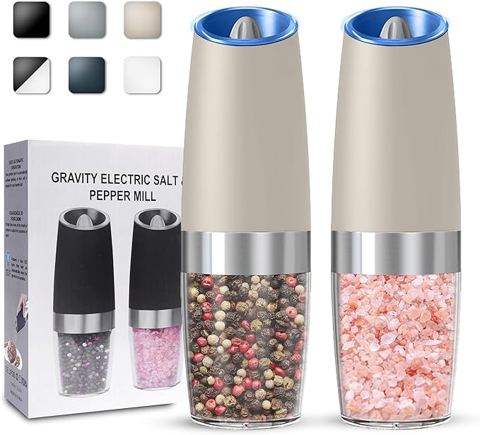UNNEES Gravity Electric Salt and Pepper Grinder set of 2, Automatic Salt And Pepper Grinder Set, Adjustable Roughness, Battery Powered, LED Light, 2 Pack, (Khaki)