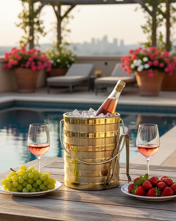 Made In USA Metallic Deco Collection Double Walled Insulated Ice Bucket With Ice Tongs (5-Quart, Gold Stripes)