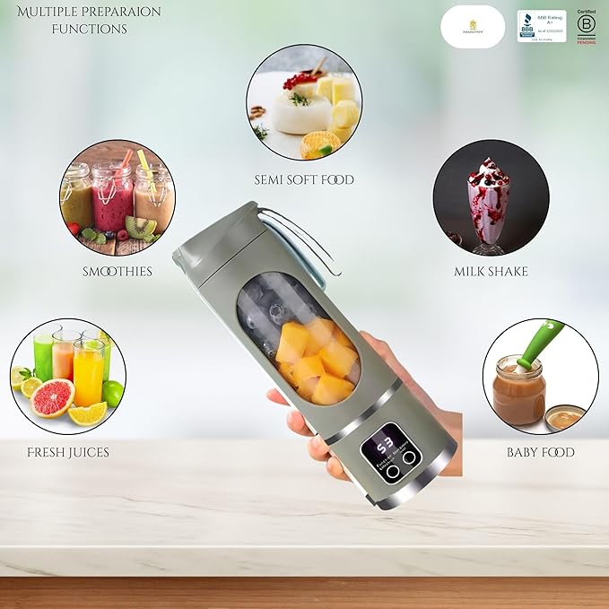 Paramexview® Portable Blender 16oz/500ml for Juices & Smoothies with 12 Stainless Steel Blades | USB Rechargable & 3 Levels Multi-Speed Control | 50W Powered fusion Portable Blender