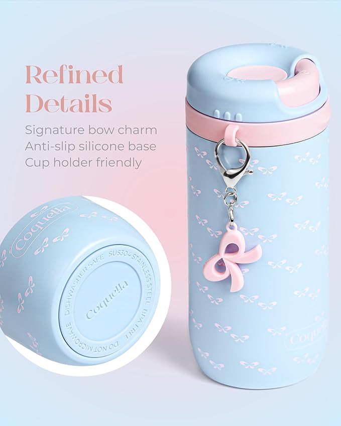 15 oz Stainless Steel Coffee Tumbler with Twist-Open Lid, Insulated Travel Mug for Iced Coffee Cold Brew and Warm Beverages, Leakproof, BPA-Free, Cup Holder Friendly, Bow Charm, Coquette Blue