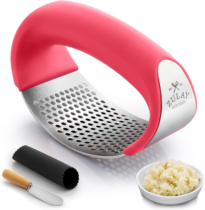 Zulay Kitchen Stainless Steel Garlic Press Rocker Set - Premium Garlic Mincer Garlic Crusher - New Innovative Garlic Crusher with Peeler and Scraper - Comfortable Grip (Red)
