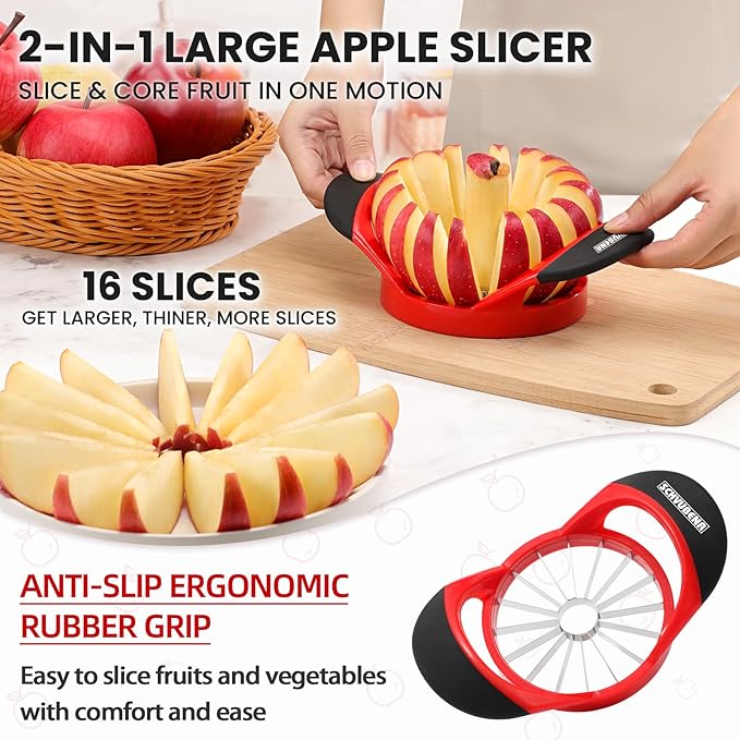 SCHVUBENR 16-Blade Apple Slicer and Corer - 4.72 Inch Sharp Stainless Steel Apple Cutter - Professional Apple Divider Tool for Quick Slices - Easy to Use & Clean - Slice Fruits with Ease - Red