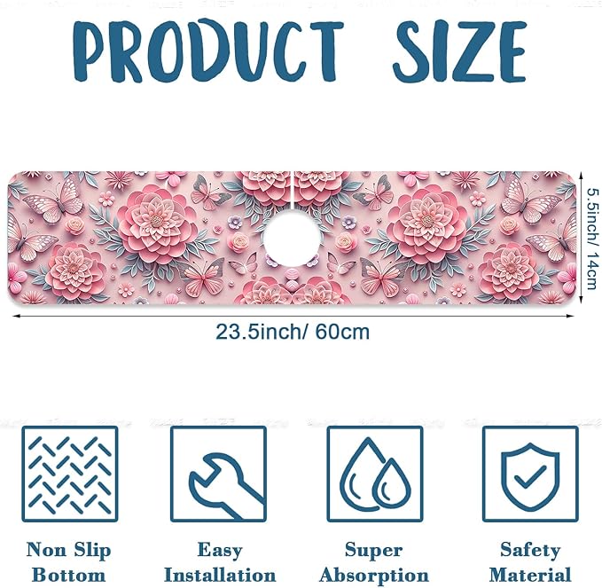 Pink Floral Sink Splash Guard Faucet Mat Flower Butterfly Super Absorbent Fast Drying Mat Sink Gadgets-Splash Guard Behind Faucet Drip Catcher for Kitchen Bathroom, 23.5"x5.5"