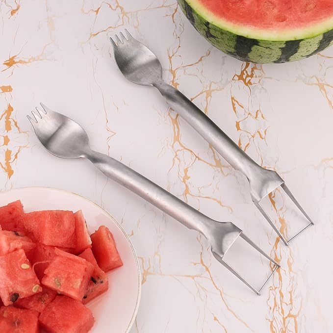 2 Pcs 2-in-1 Watermelon Fork Slicer Cutter, Stainless Steel Fruit Slicer Tool Multifunctional Portable Water Melon Cube Cutter Fruit Fork for Family Gathering Picnic Camping Home Kitchen Gadgets