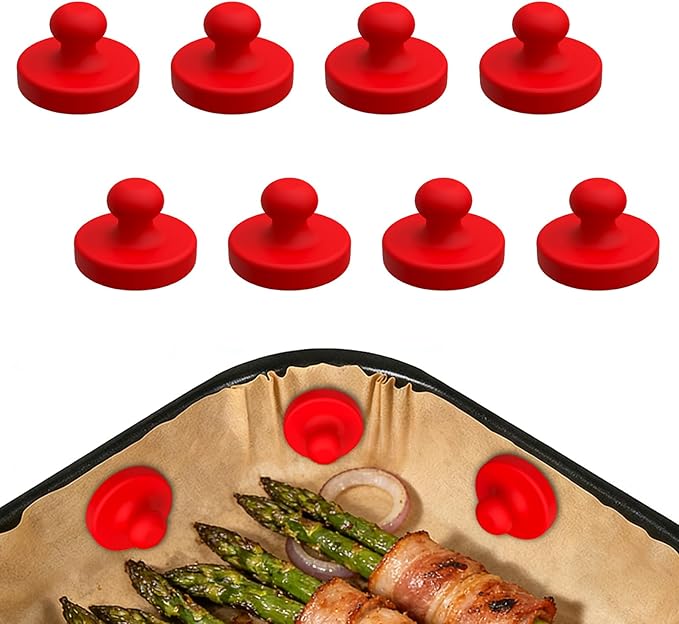 Air Fryer Magnets for Parchment Paper Liners, 8PCS Upgraded Silicone Magnetic Buckles, High Temp Resistant Air Fryer Accessories, Prevent Paper Blowing, Burning & Covering Food (Red)