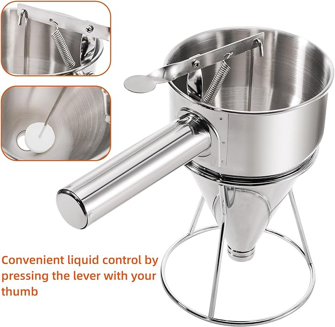 WRINGKIT Stainless Steel Pancake Batter Dispenser, 20 Oz Funnel Cake Dispenser Maker with Stand Squeeze Handle, Multi-Caliber Panckae Pourer for Cupcakes, Donut, Waffle or Baked Goods