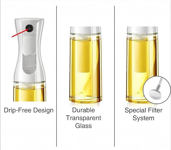 Glass Oil Sprayer for Cooking - Olive Oil Mister Spray Bottle - 6.7 fl.oz - Air Fryer Accessories - Refillable Dispenser for Kitchen