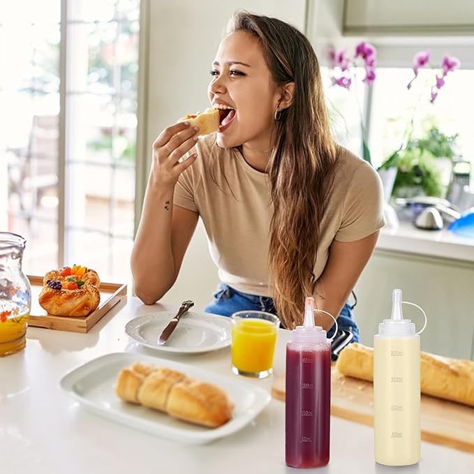 Premium Leak-Proof Squeeze Bottles Plastic Sauce, Ketchup, Condiment & Syrup Dispenser for Kitchen, Pancake Batter, Salad Dressing, Cooking Oil - BPA Free, Dishwasher Safe (4, 16oz)