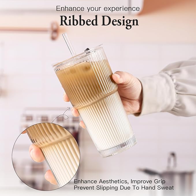 4PCS Ribbed Glass Cups with Lids and Straws, 20oz Vintage Drinking Glasses, Aesthetic Iced Coffee Cups, Glass Tumbler for Boba, Beer, Tea, Cocktails, Ribbed Glassware Set (Clear-6)