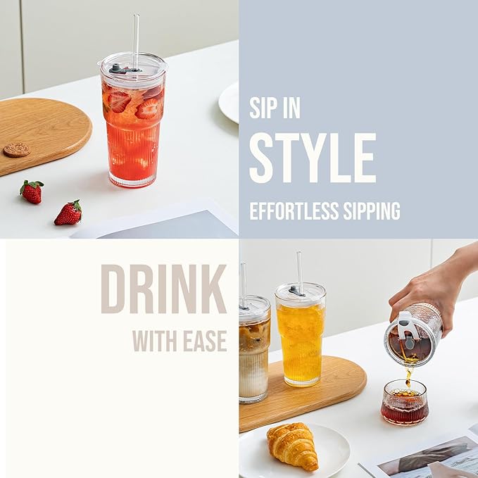 SoulTimes 20oz Glass Tumblers with Lids and Straws, Set of 2 - Stylish Ribbed Design Drinking Glasses for Iced Coffee Cups, Juice, Smoothies, Cold Beverages, Includes Cleaning Brush, Durable Glassware