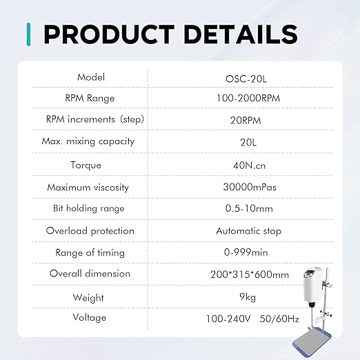 LAB FISH Laboratory Electric Overhead Stirrer Lab Digital Mixer | Stirring Rod and Stainless Steel Stand | Adjustable Speed 100-2000RPM,Powerful Heavy Duty 20L,30000 mPas