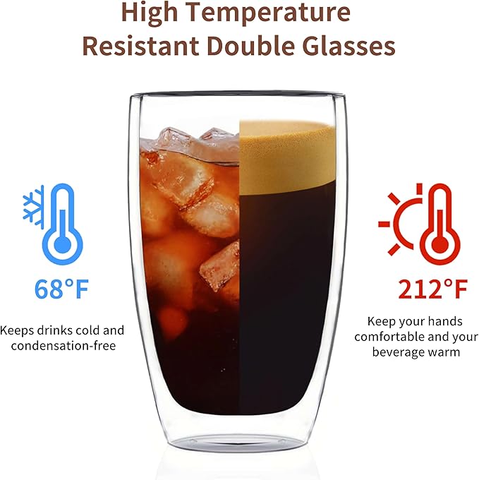 DOPUDO 17oz Double Wall Glass Coffee Mugs, Insulated Coffee Mug, Clear Borosilicate Glass Coffee Cups for Cappuccino, Tea, Lightweight and Microwave Safe