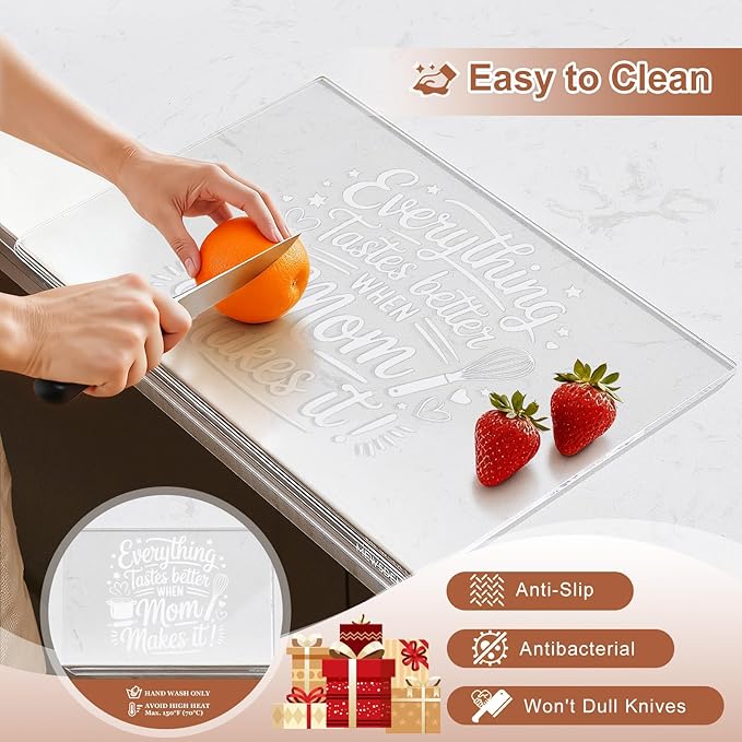 Mom Birthday Gifts from Daughter Son - Engraved Acrylic Cutting Board with Counter Lip Clear Countertop Protector Cooking Gift for Mom Mother Birthday Christmas Presents Aesthetic Kitchen Decor