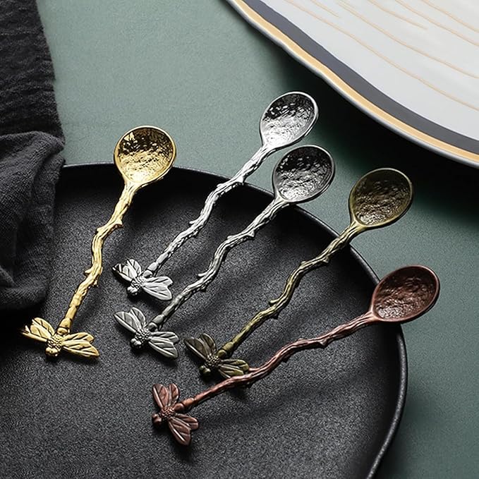 Retro Dragonfly Coffee Teaspoon - Stainless Steel Tableware Creative Sugar Spoon, Stir Bar, Dessert and Cake Spoon - Long Handle Kitchen Gadget Antique (Gold)