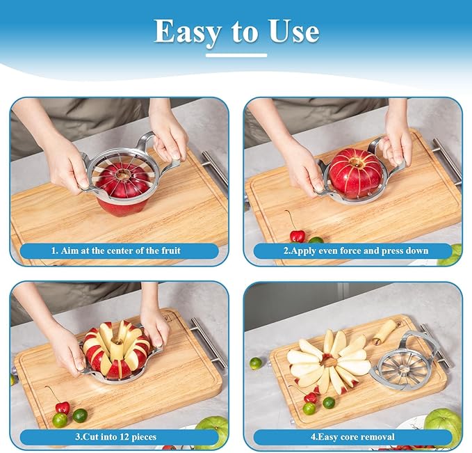 Apple Slicer and Corer,12-Blade Sharp Stainless Steel Fruit Cutter-Frosted Handle Comfortable to Use,Apple Core Remover Tool