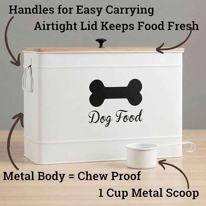 Dog Food Container Airtight 15 lb (50 Cup) Capacity with Metal Scoop - Cute Airtight Dog Food Storage Container with Bamboo Lid - White Metal Kibble Storage Bin for Dogs up to 100 lbs - Big Pet Jar