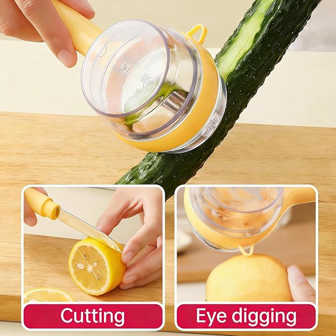 3-Piece Kitchen Set – Stainless Steel Onion Holder Slicer with 10 Forks, Peeler with Storage Box, 3-in-1 Cup Lid & Gap Brush – for Slicing Potato, Avocado, Eggs, Lemon, Meat