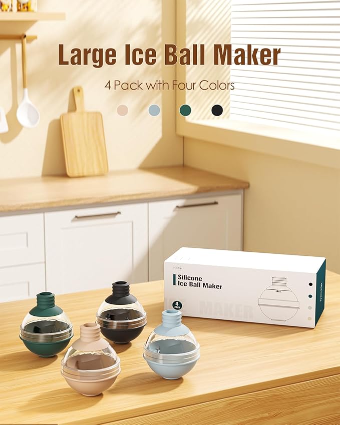 Large Ice Ball Molds for Whiskey & Cocktails with Funnel Lid - Big Sphere Ice Cube Trays for Drinks, Bourbon, and Wine, Silicone Round Ice Maker for Freezer (Set of 4) - Reusable Easy-Release Ice Tray
