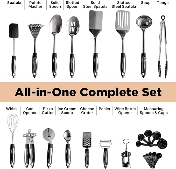 Asani 25-Piece Stainless Steel Kitchen Utensil Set | Non-Stick Cooking Gadgets and Tools Kit | Durable Dishwasher-Safe Cookware Set | Kitchenware Gift Idea, Best New Apartment Essentials