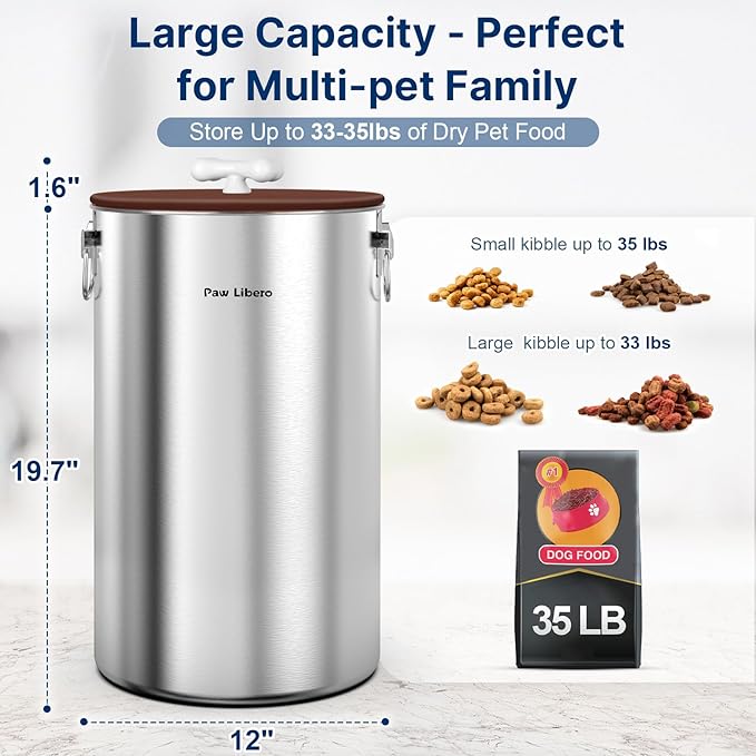 Paw Libero 35 Lbs Stainless Steel Dog Food Storage Container with Airtight Lid & Ceramic Bone Handle, Large Metal Dog Food Bin for Dogs & Cats, Keep Fresh, Easy to Clean