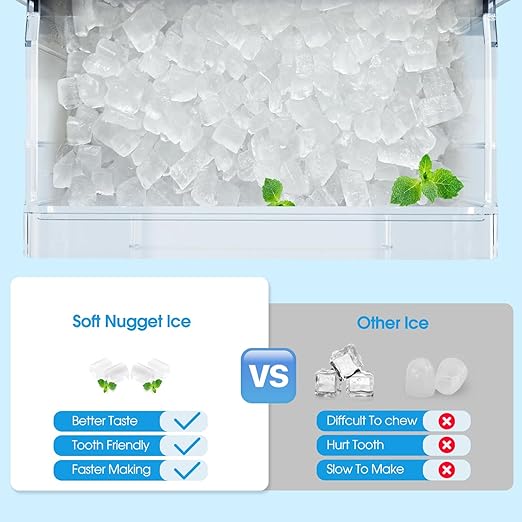 VECYS Nugget Countertop Ice Maker W/Side Tank, 44LBS Daily Ice Making Capacity, Portable Design Nugget Ice Maker Machine with Self-Clean Function, Green