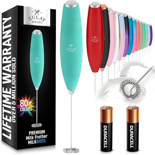 Zulay Kitchen Milk Frother Handheld Electric Whisk with AA Duracell Batteries – Durable Drink Mixer for Coffee, Lattes, Cappuccinos & More - Aqua
