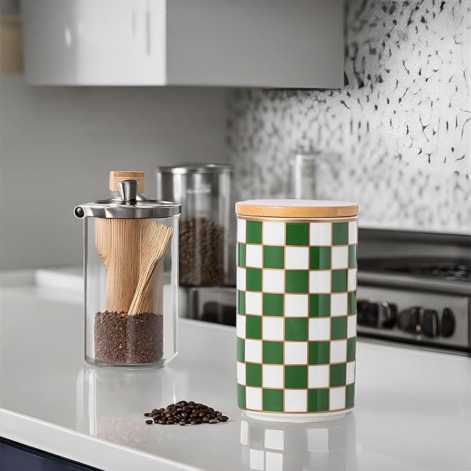 Kitchen Countertop Ceramic Checkered Canisters,Black And White Food Storage Containers With Lid,Airtight Kitchen Canisters for Flour, Sugar, Coffee, Tea, and Dry Goods (Green, Large)