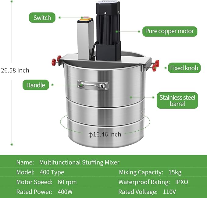 Multifunctional Stuffing Mixer, 33Lbs Automatic Dry and Wet Food Mixer, 110V 400W Stainless Steel Stirring Machine For Various Fillings, Dumpling Stuffing, Salads, Dry Powders, Commercial Food Mixer