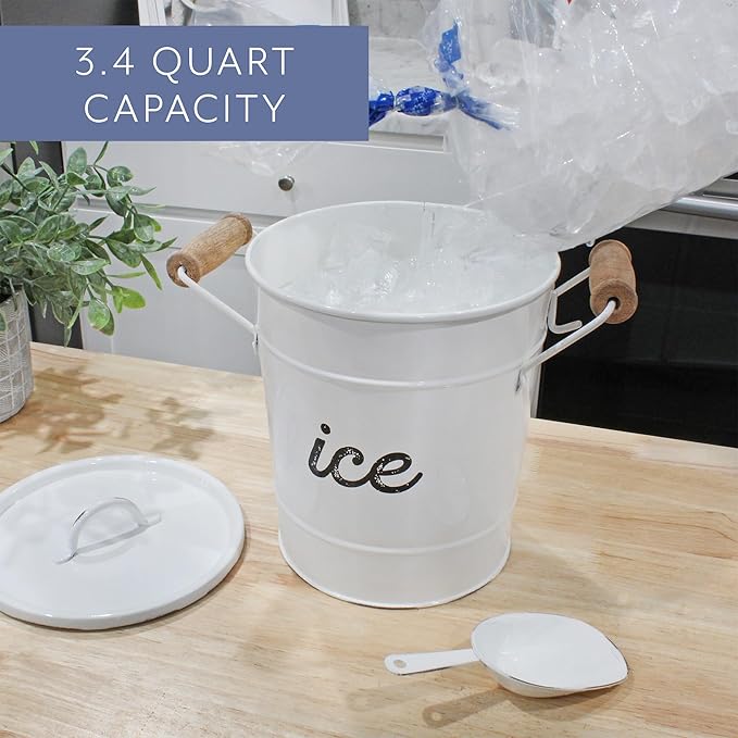 AuldHome Design Rustic Enamelware Ice Bucket; White Farmhouse Style Insulated Ice Server
